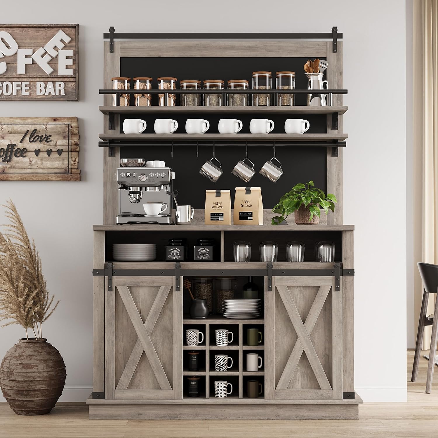 GarveeHome Bar Cabinet 75 in Tall Coffee Hutch Large Kitchens Hutch Farmhouse Coffee Bar Cabinet Cupboard with Sliding Barn Door (Gray)
