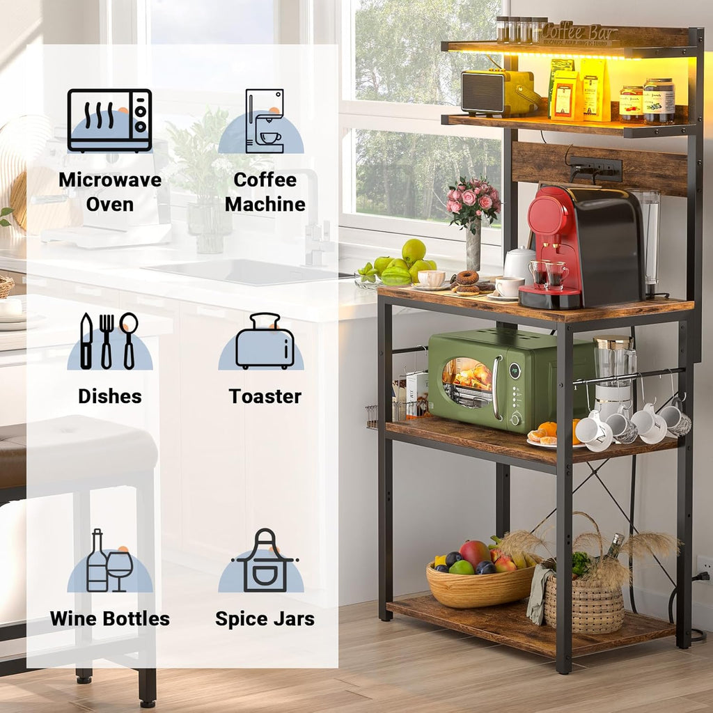 Aheaplus Bakers Rack with Power Outlet, Microwave Stand, 5 Tiers Coffee Bar Station with Led Lights, Kitchen Storage Shelf with 6 S-shaped Hooks, Kitchen Rack for Spices, Pots and Pans, Rustic Brown