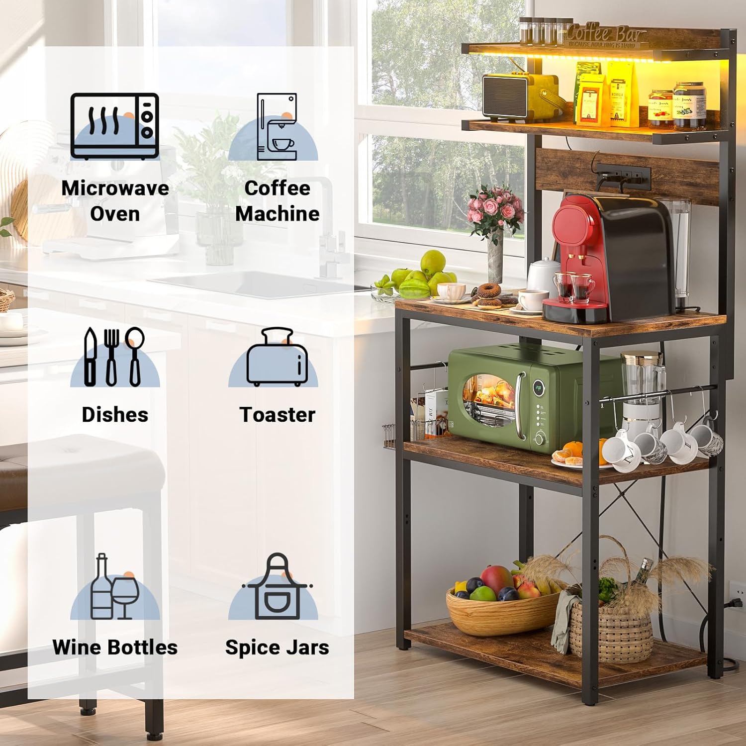 Aheaplus Bakers Rack with Power Outlet, Microwave Stand, 5 Tiers Coffee Bar Station with Led Lights, Kitchen Storage Shelf with 6 S-shaped Hooks, Kitchen Rack for Spices, Pots and Pans, Rustic Brown