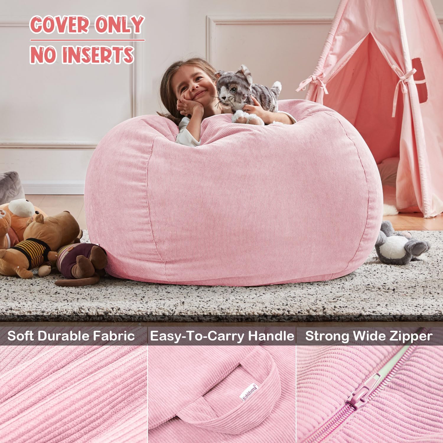 Bean Bag Chair Cover (No Filler) for Kids and Adults,Beanbag Stuffed Animal Storage Without Filling Plush Toys Holder and Organizer Soft Premium Corduroy 200L (Pink)