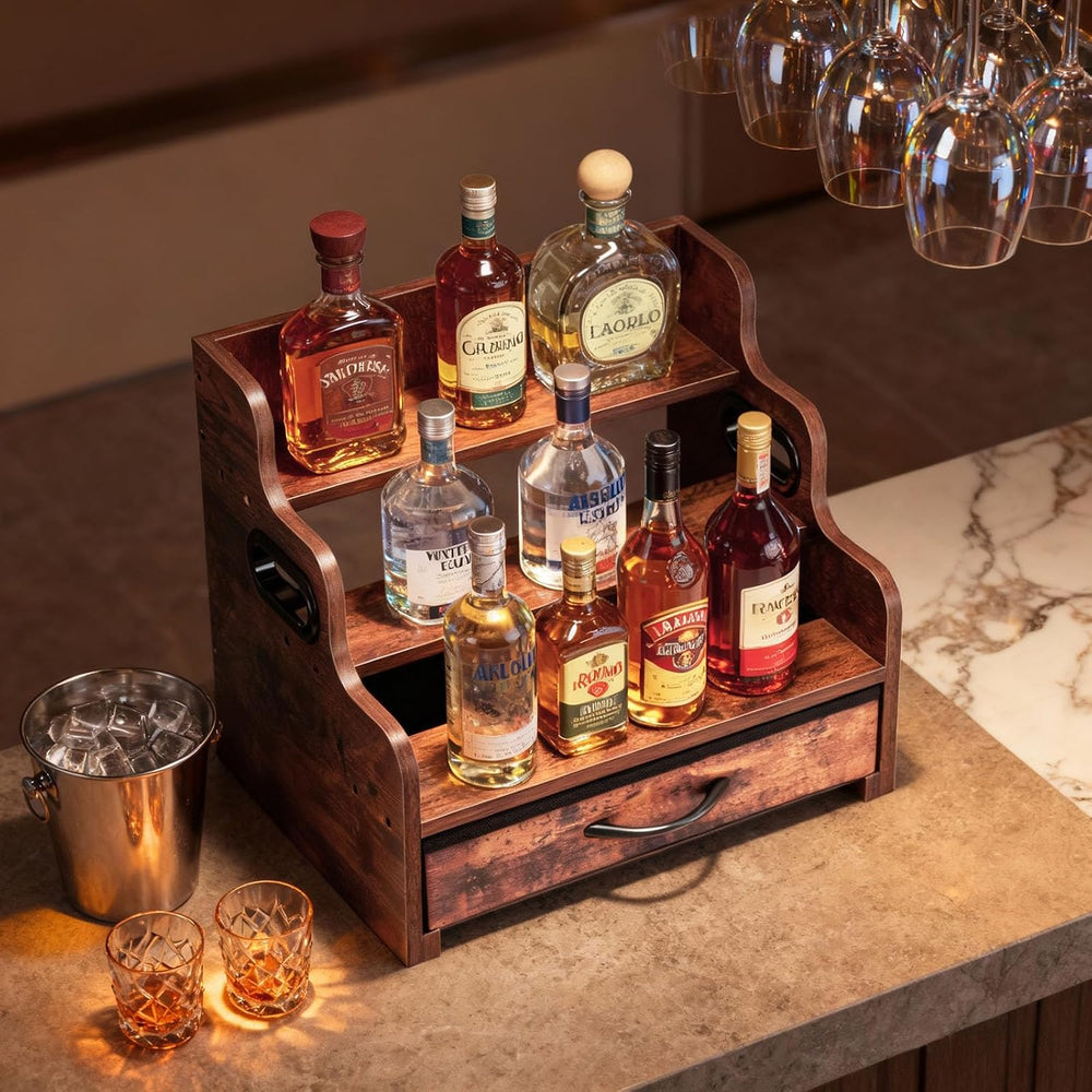 Liquor Bottle Display Shelf 3 Floors with Drawers | Countertop Wine Rack, Acc...