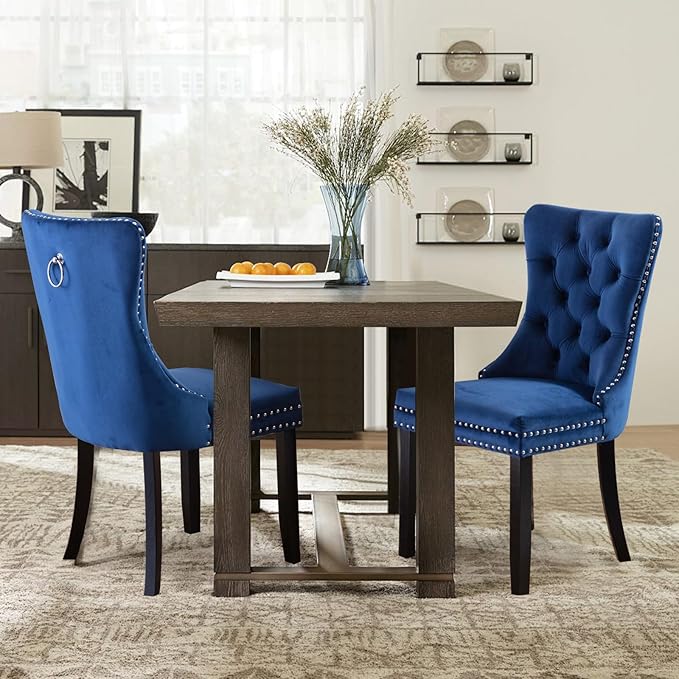 Velvet Upholstered Dining Chairs Set of 8, Modern Style Kitchen Side Chairs with Nailhead Trim and Wood Legs,Metal Pulling Ring for Dining Room Living Room(Blue)