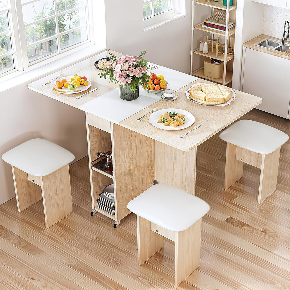 AWQM Folding Dining Table Set, Storage Folding Table & Chair, Beige White...
