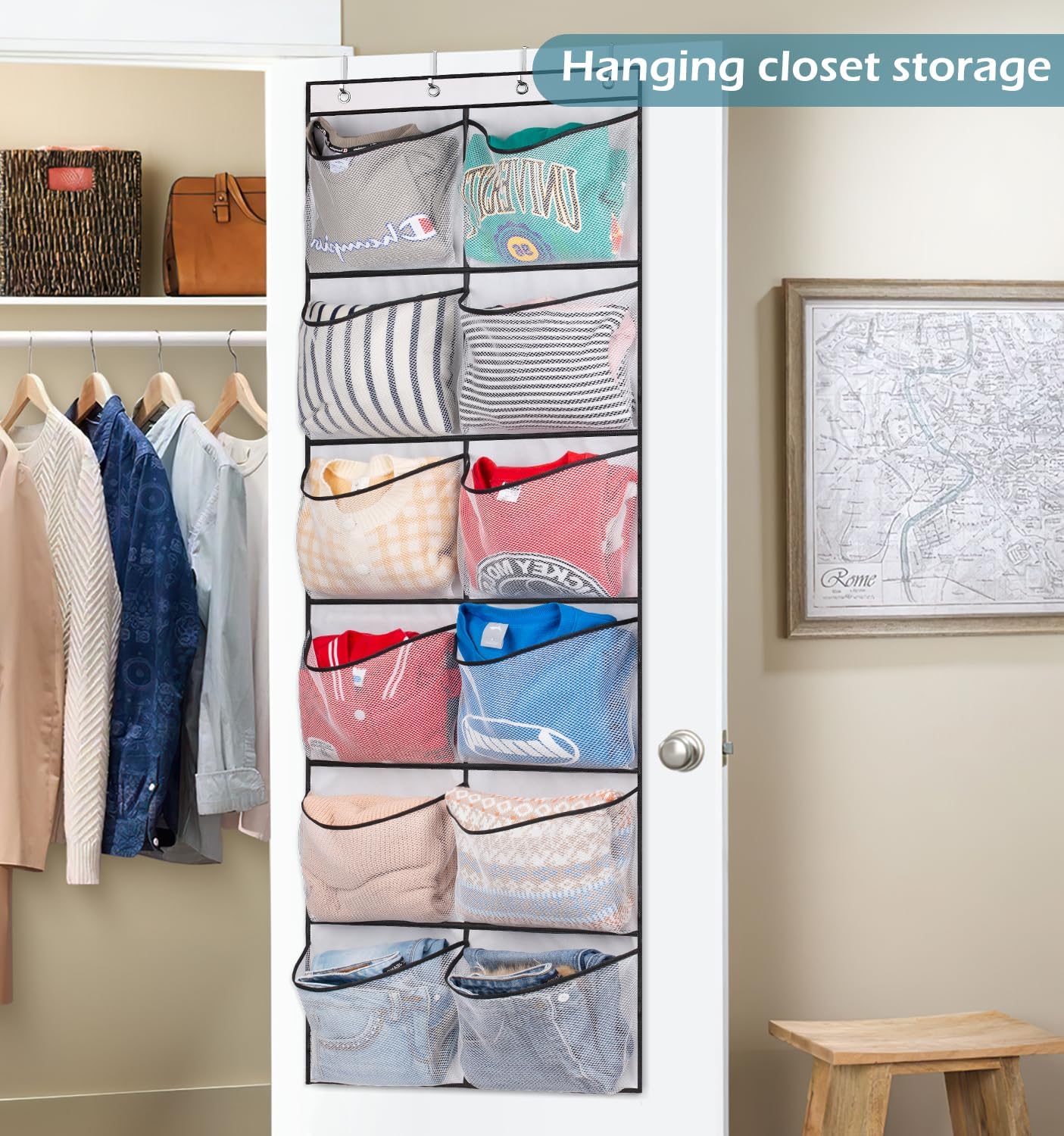 Over The Door Shoe Organizer 12 Large Mesh Pockets Boots Hanging Storage Shoe Rack for Closet White