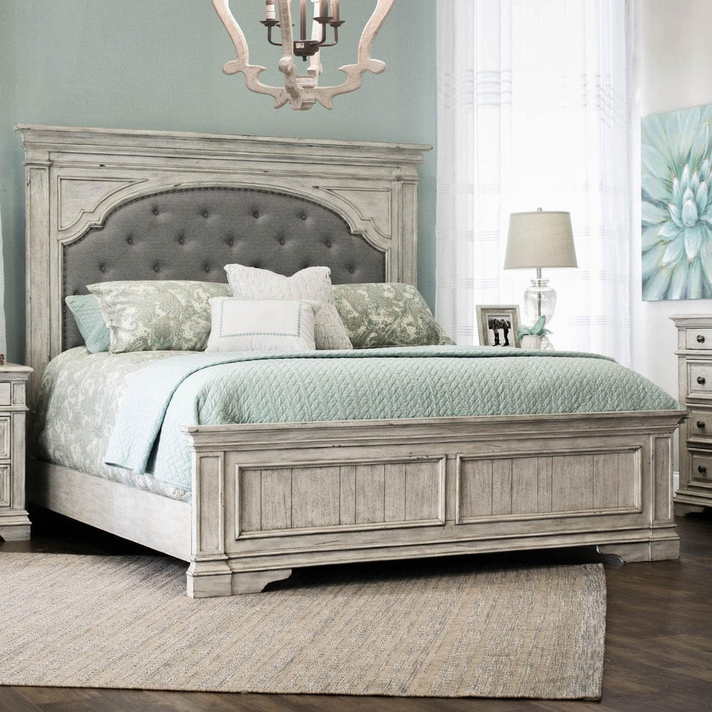 Steve Silver Highland Park Rustic Ivory Wood Upholstered Panel Queen Bed