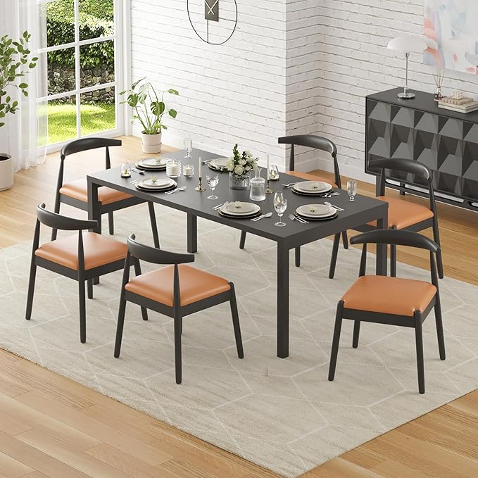 Farini Mid Century Modern Dining Chairs Set of 2, Solid Wood Frame Kitchen Chairs with PU Leather Upholstered Seat for Dining Room & Breakfast Nook,Black-Whiskey Brown