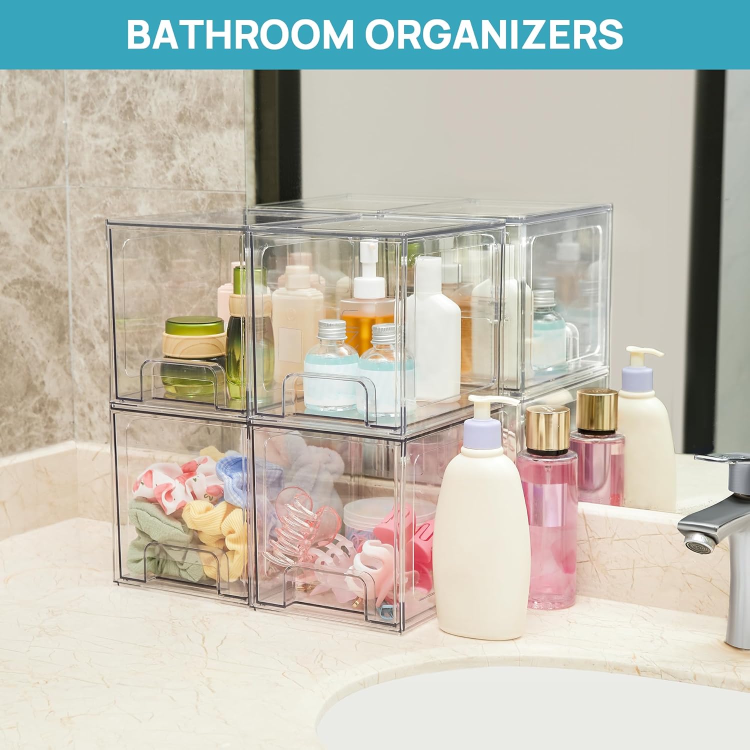 Vtopmart 4 Pack Stackable Storage Drawers, 6.6''Tall Acrylic Bathroom Makeup Organizers,Clear Plastic Drawers For Vanity, Undersink, Kitchen Cabinet,Pantry Organization and Storage