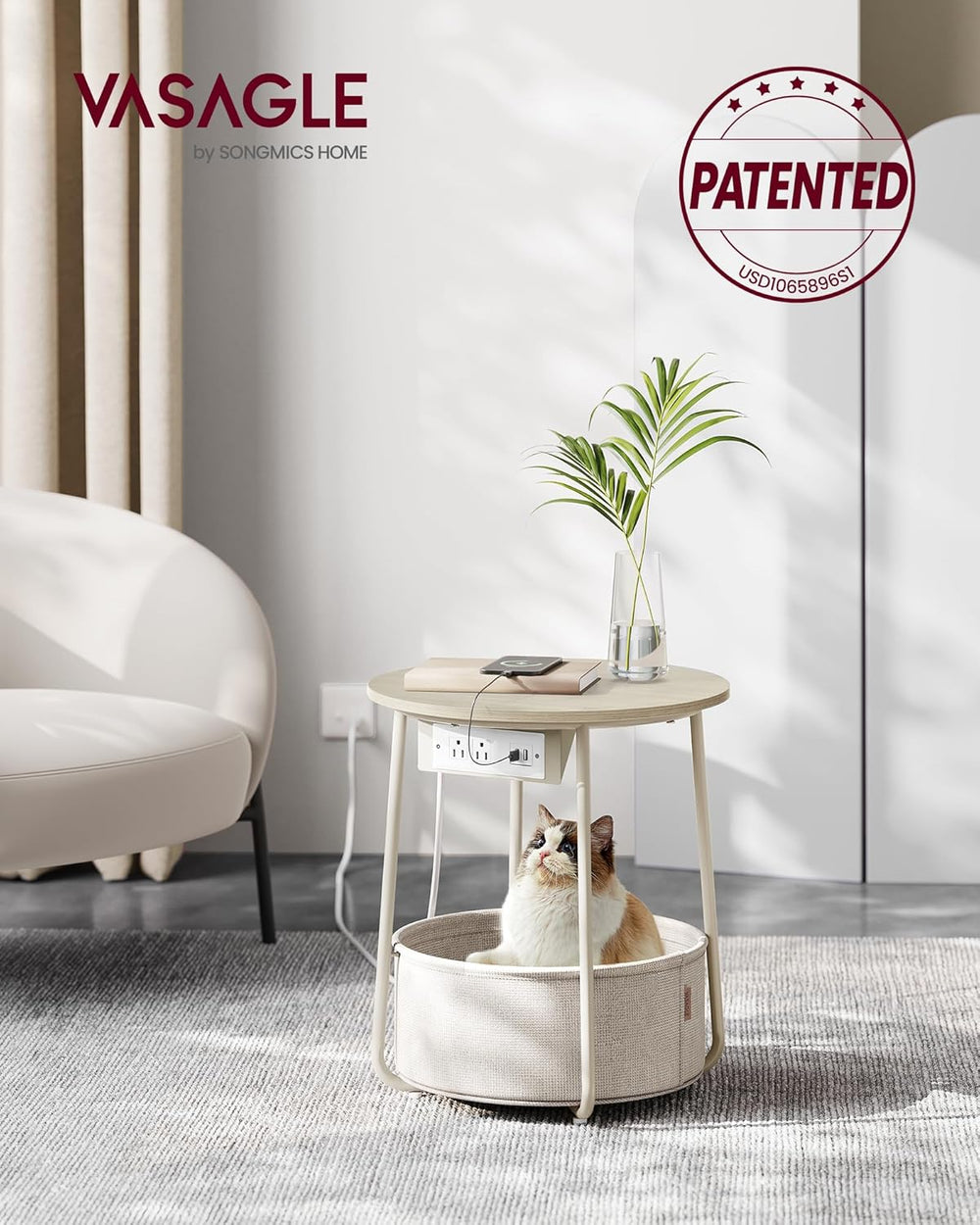 VASAGLE LILEA Collection - Side Table with Charging Station, Round End Table ...