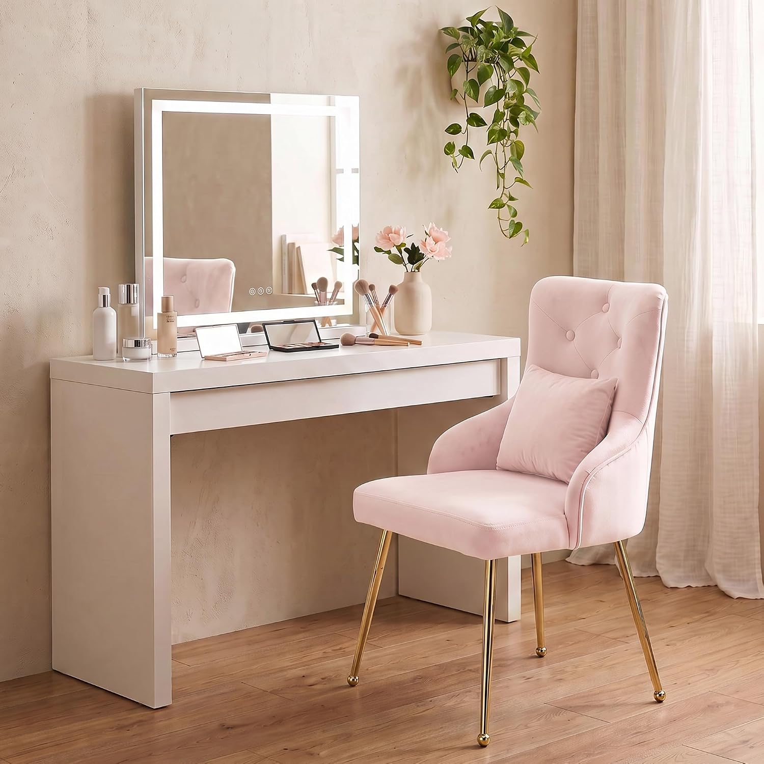 Velvet Vanity Chairs with Back, Upholstered Makeup Chair No Wheels with Metal Legs & Lumbar Pillow for Living Room/Makeup Room/Bedroom/Home Office/Kitchen