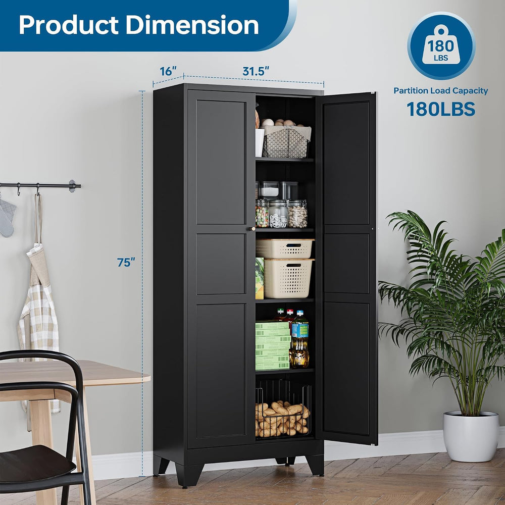 PEUKC 75" Farmhouse Metal Storage Cabinet with Doors and 4 Adjustable Sh...