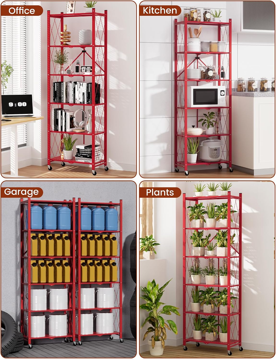 ALANNG 73.6 Inch Folding Bookshelf, 6 Tier Metal Bookcase and Bookshelves | Tall Shelves for Living Room Office Bedroom, Heavy Duty Book Shelve Free Standing Open (Red, 1PACK)