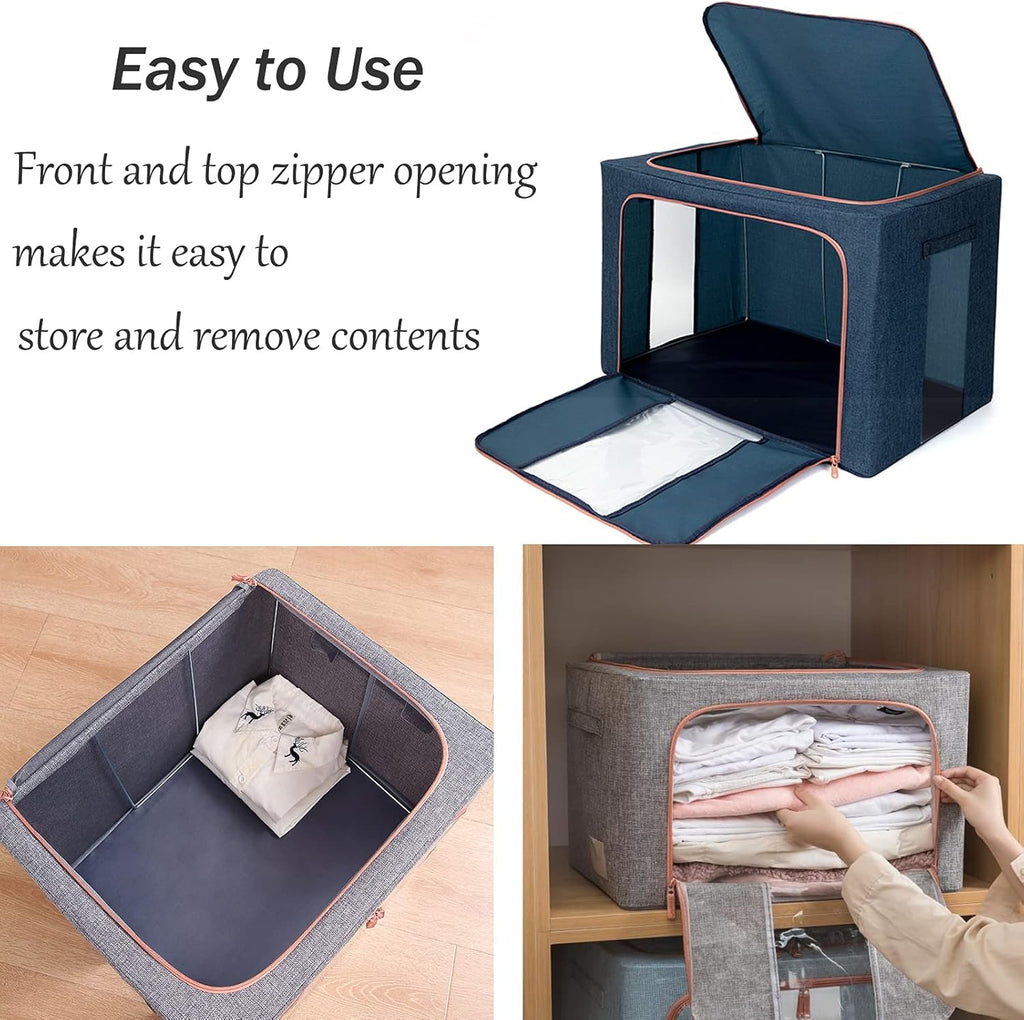 100L Large Storage Bags,Stackable Clothes Storage Bins with Hold Shape Metal Frame,Foldable Closet Organizer Containers with Zipper,Clear Window,Thick Fabric for Seasonal Clothing (Gray, 4 Pack)