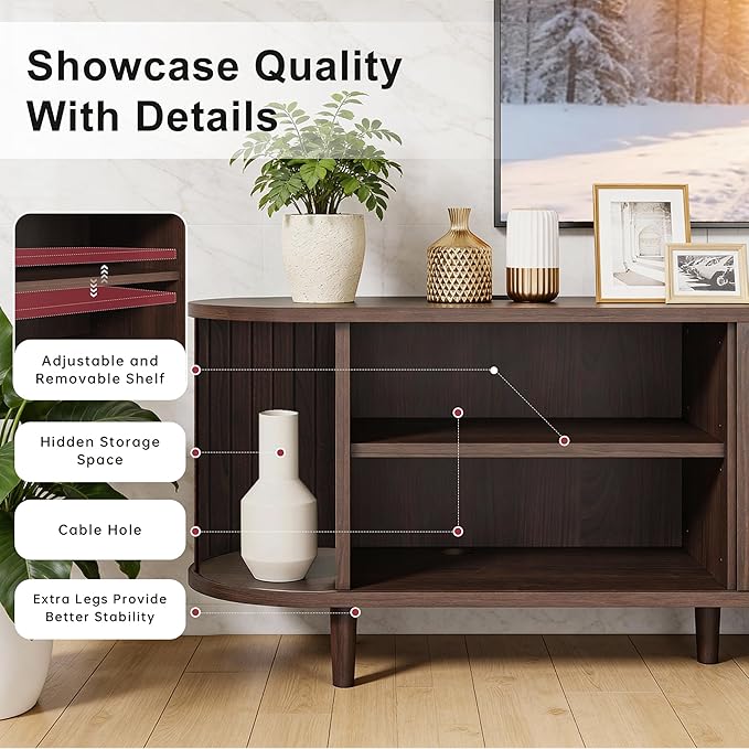 65" Mid Century Modern TV Stand, Wood TV Consoles with Sliding Doors and Power Outlet, Fluted Entertainment Center with Adjustable Shelves, Media Console for Living Room, Walnut