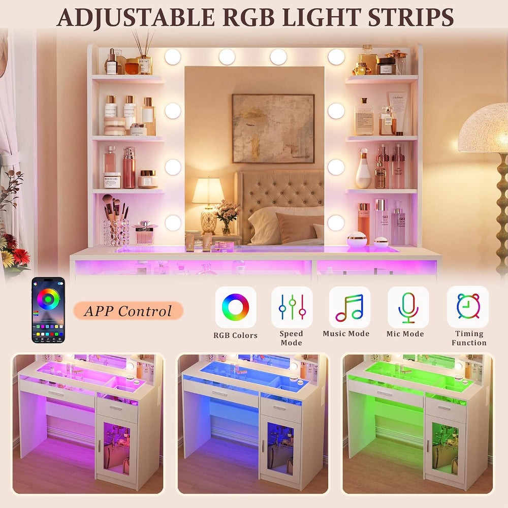 ALEXNUTRE Vanity Desk, Makeup Vanity Desk with Mirror and Lights 3 Colors, Tr...