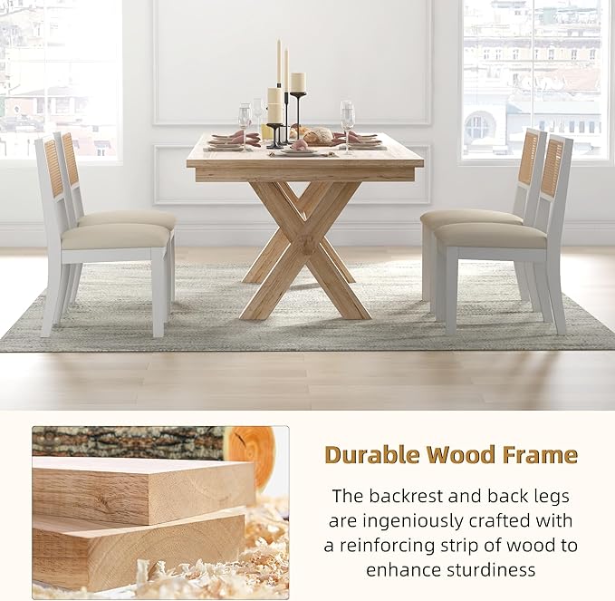 Westice Rattan Dining Chairs Set of 2, Farmhouse Natural Dining Room Chairs with Upholstered Cushion, Wood Armless Chairs for Kitchen/Restaurant, White