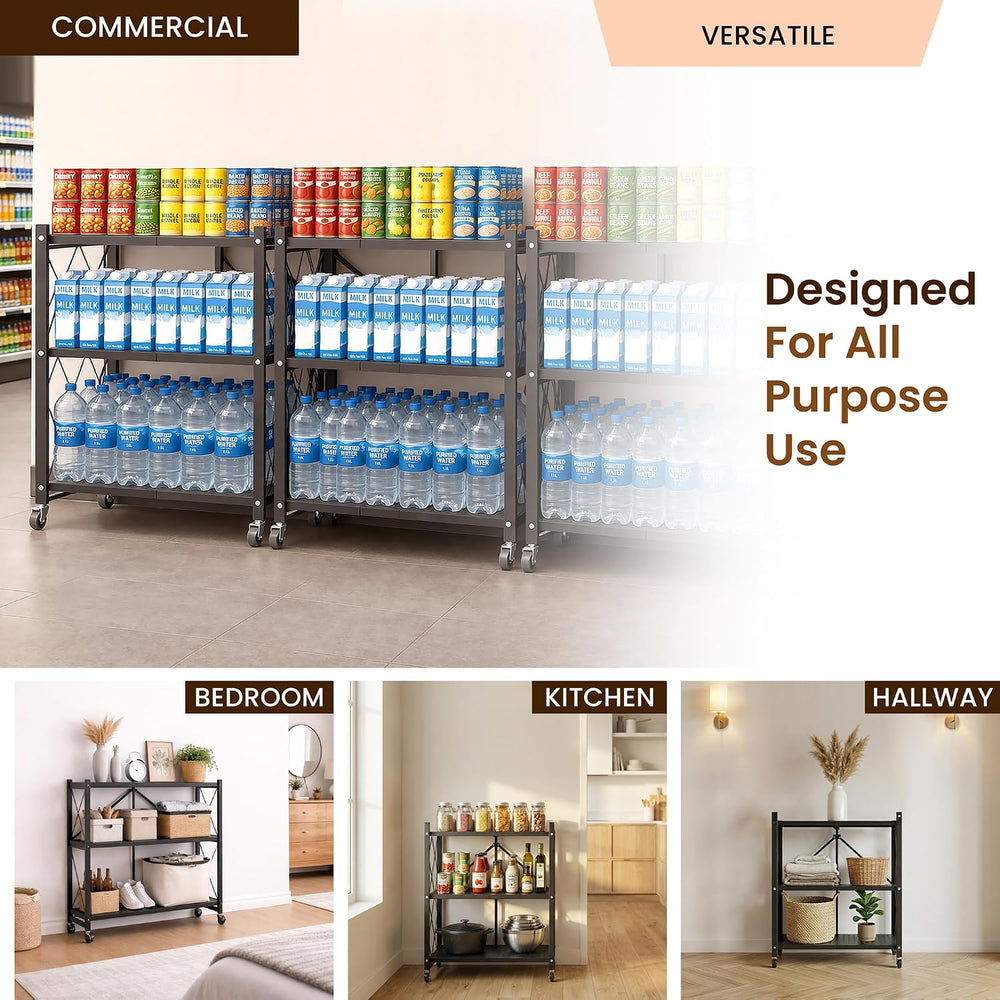 3-Tier Foldable Storage Shelf with Wheels | Metal Rack Collapsible Shelving D...
