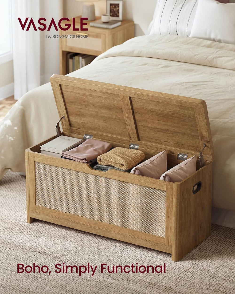 VASAGLE Boho Storage Bench with Rattan Look, Rounded Corners | Blanket Chest ...