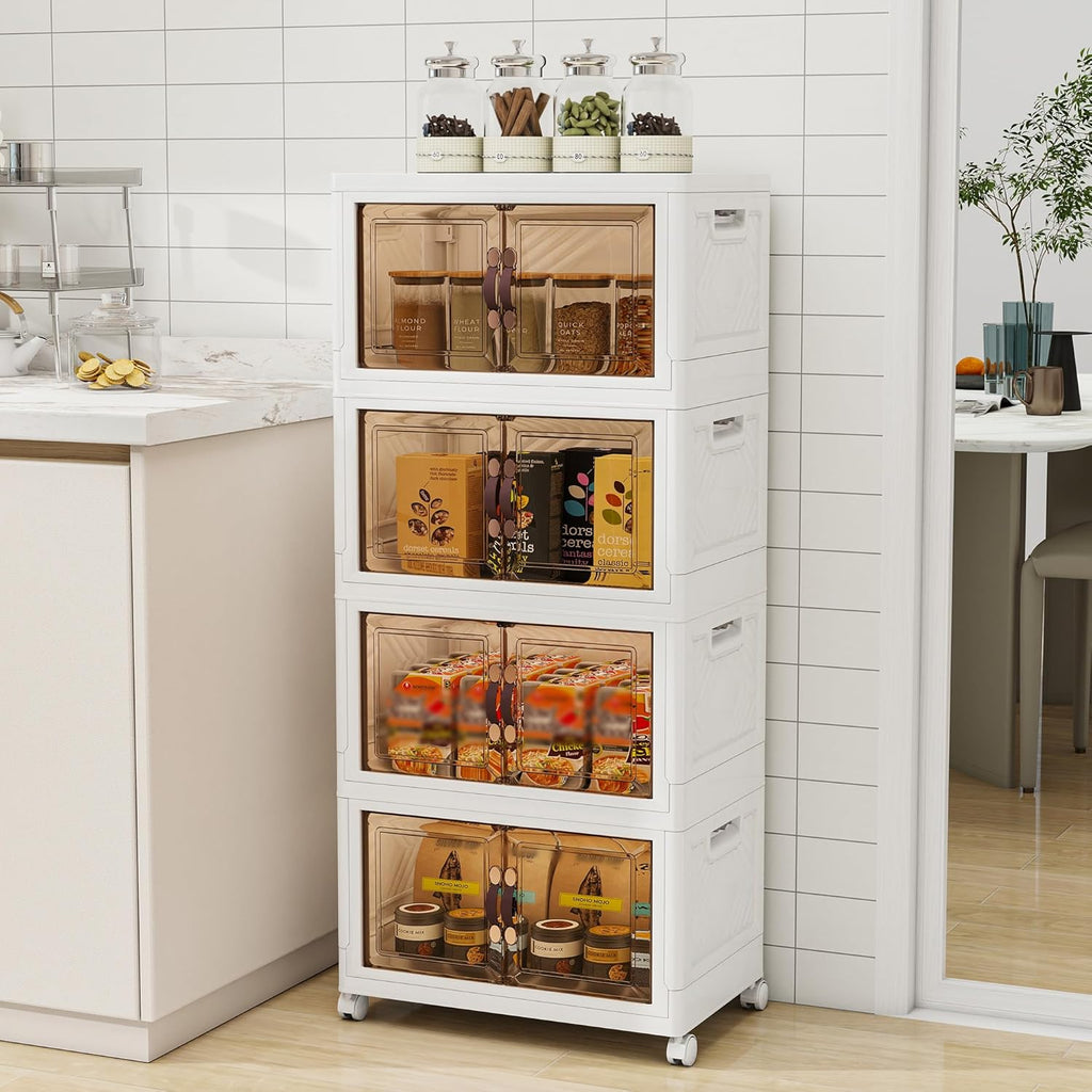 Storage Bins with 2 Lids and Wheels, Collapsible Bathroom Storage Cabinet with Clear Doors, Plastic Stackable Closet Organizers and Storage Containers White 270 QT
