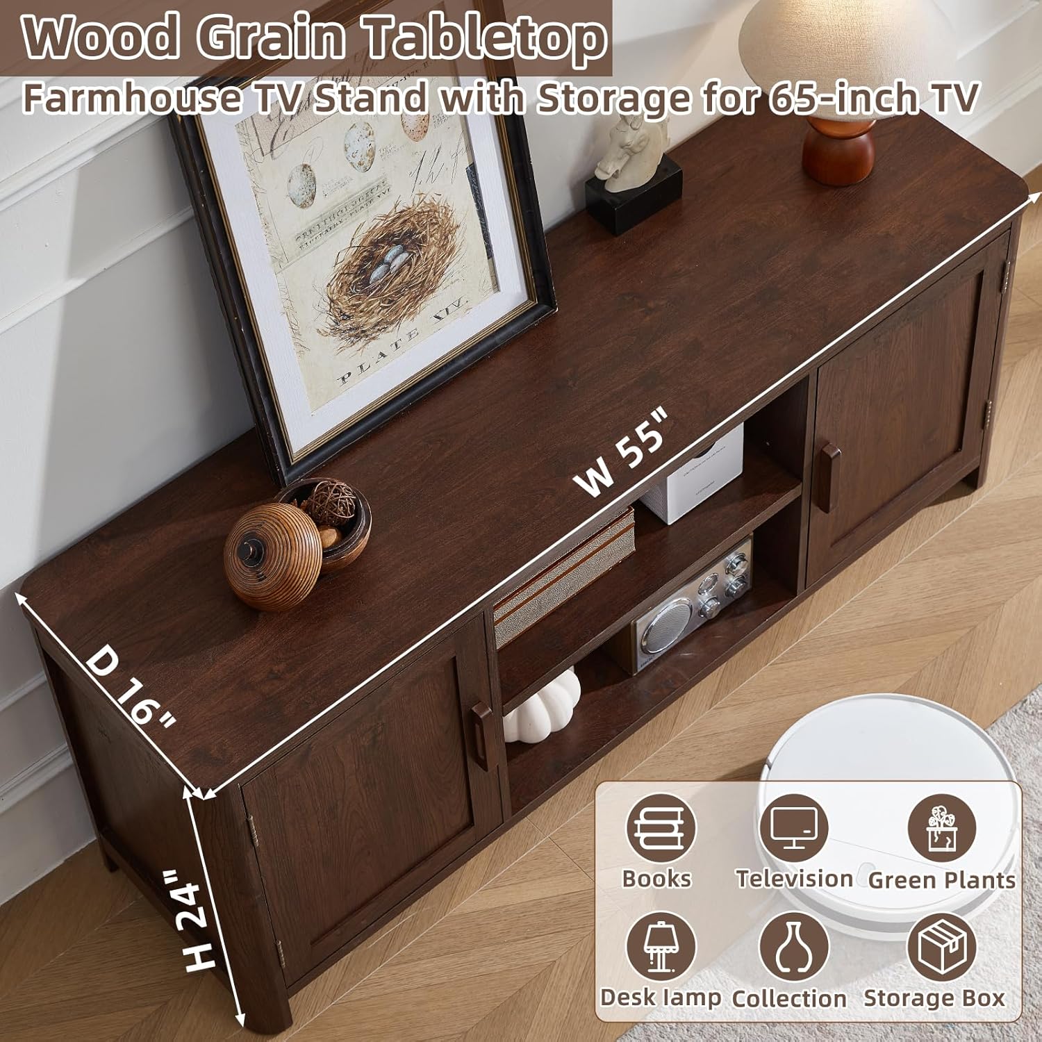 Joaxswe Farmhouse 55" Entertainment Center,Walnut Tv Stand with Adjustable Shelves & 2 Door Storage,Wooden Media Console Cabinet for TVs Up to 65 inches, Rustic Tv Stands for Living Room,Bedroom