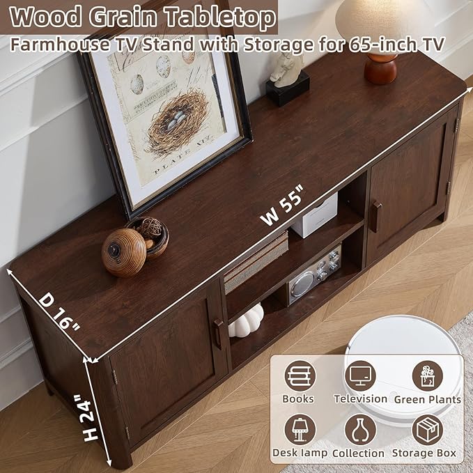 Farmhouse 55" Entertainment Center,Walnut Tv Stand with Adjustable Shelv...