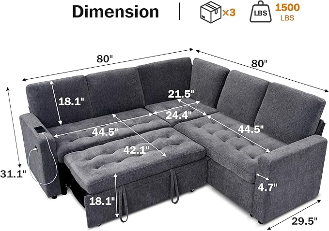 Vipbear 5 Seat L Shaped Modular Sectional Sleeper Sofa Bed with Pull Out Bed/Reclining Backrest/USB Ports/Storage Seat, Sectional Sleeper Couch, Tool-Free Assembly, Chenille Dark Grey