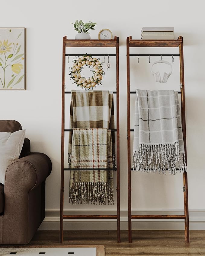 Blanket Ladder Shelf for Living Room, Decorative Quilt Rack with Storage Shelf, 6-Tier Farmhouse Ladder Holder Organizer with 4 Removable Hooks for Bedroom, Rustic Brown and Black BR35801B