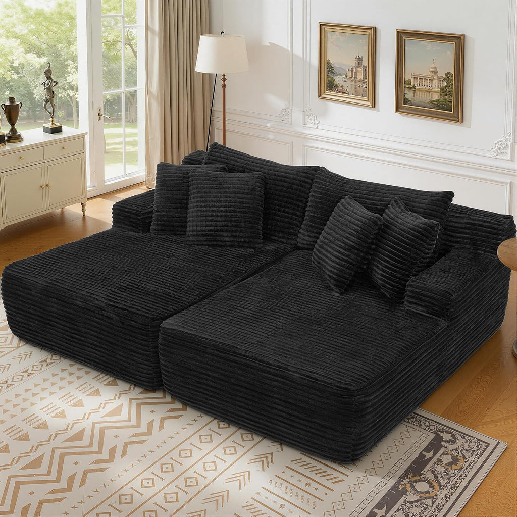 83” Oversized Double Chaise Lounge Chair Boneless Cloud Sofa Bed,Black | Double Lounge Chaise, Boneless Loveseat Sofa, Corduroy Chaise Lounge, Deep Seat Sleeper Couch for Living Room, No Assembly