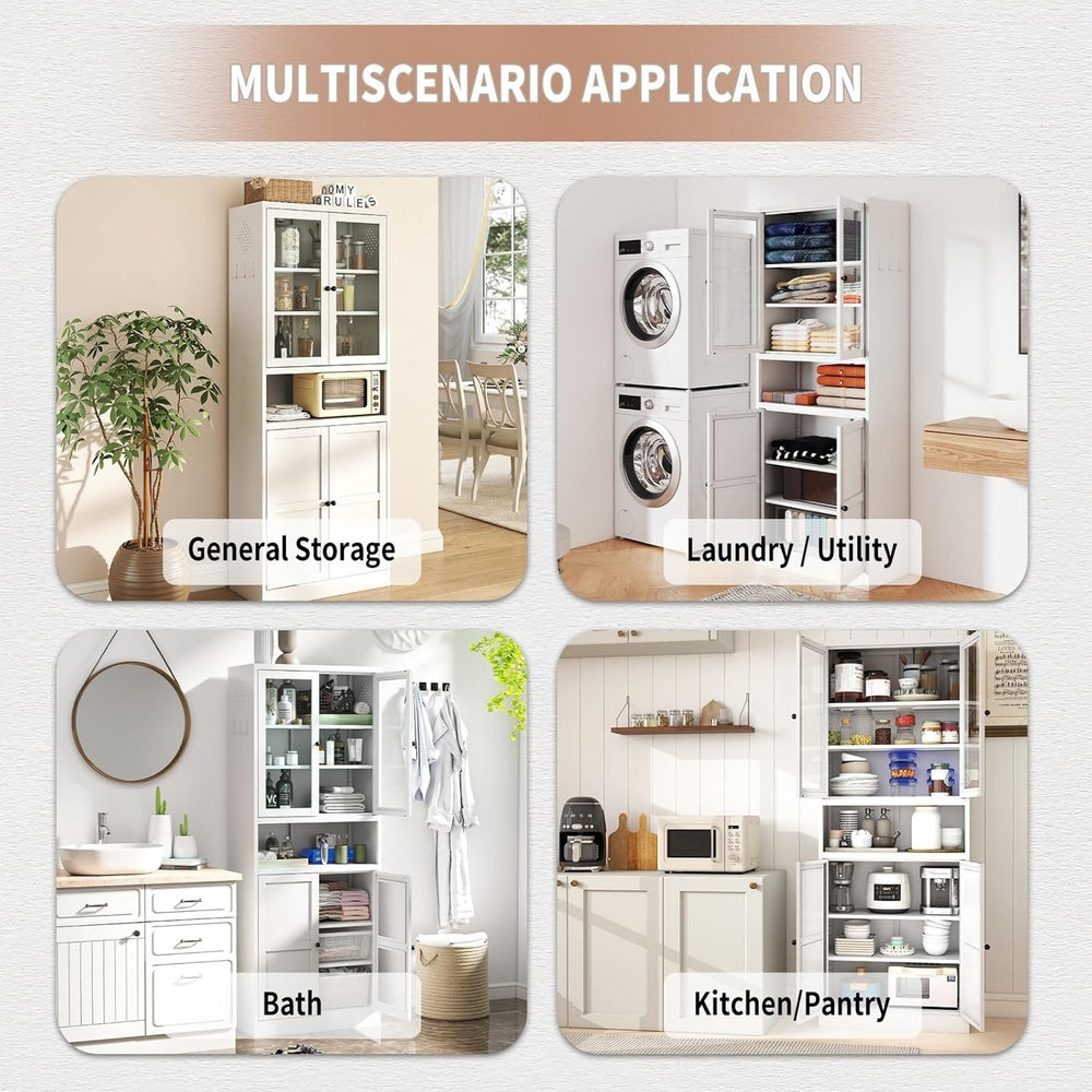 Tall White Metal Kitchen Pantry Cabinet, Stainless Steel Frame Storage Cabine...