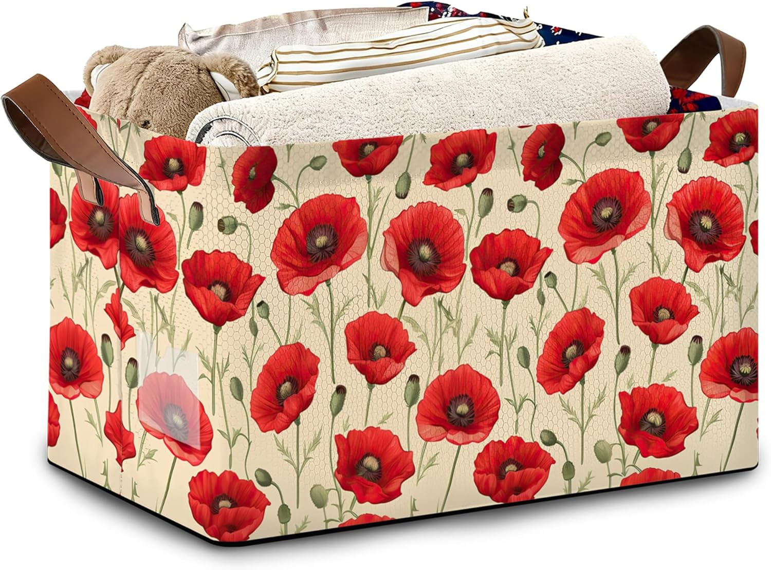 Vintage Poppy Flower Storage Baskets,Foldable Large Capacity Organizer Bins with Waterproof Lining and Leather Handles for Closet,Shelf,Bedroom 17x11.5x10Inch