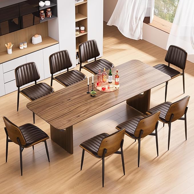 Dining Chairs Set of 2, Mid Century Modern Dining Room Kitchen Chairs, Upholstered PU Leather Vertical Stripe Chairs for Vanity with Walnut Bentwood and Metal Legs, Brown