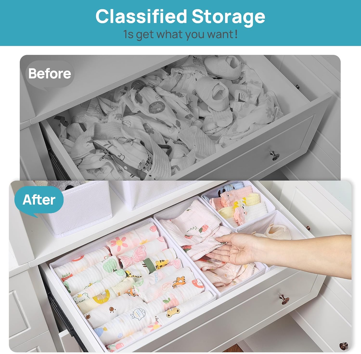 Vtopmart 12 Pack Baby Clothes Organizer, Dresser Drawer Organizer for Baby Clothing, Foldable Fabric Closet Drawer Storage Bins, Nursery Dresser Dividers for Bra, Socks, Ties, Scarf