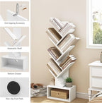 Hoctieon 6 Tier Tree Bookshelf, Tall Bookcase with Drawer, Freestanding Book Shelf, Display Floor Standing Storage Shelf, Book Organizer Shelves for Home Office, Living Room, Bedroom, White