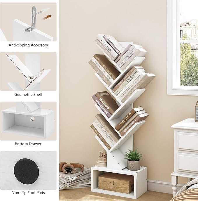 Hoctieon 6 Tier Tree Bookshelf, Tall Bookcase with Drawer, Freestanding Book Shelf, Display Floor Standing Storage Shelf, Book Organizer Shelves for Home Office, Living Room, Bedroom, White