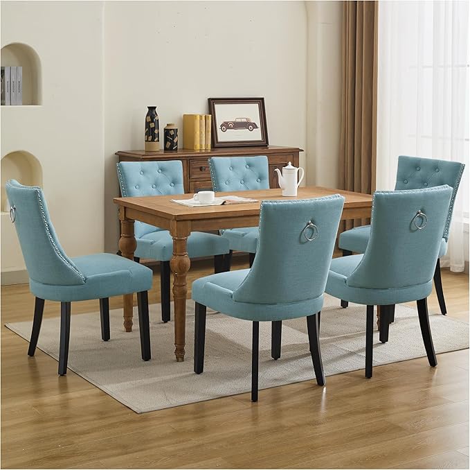 Upholstered Tufted Dining Chairs Set of 4, Fabric Side Dining Room Chairs with Nailhead Back Ring Pull Trim Solid Wood Legs, Blue
