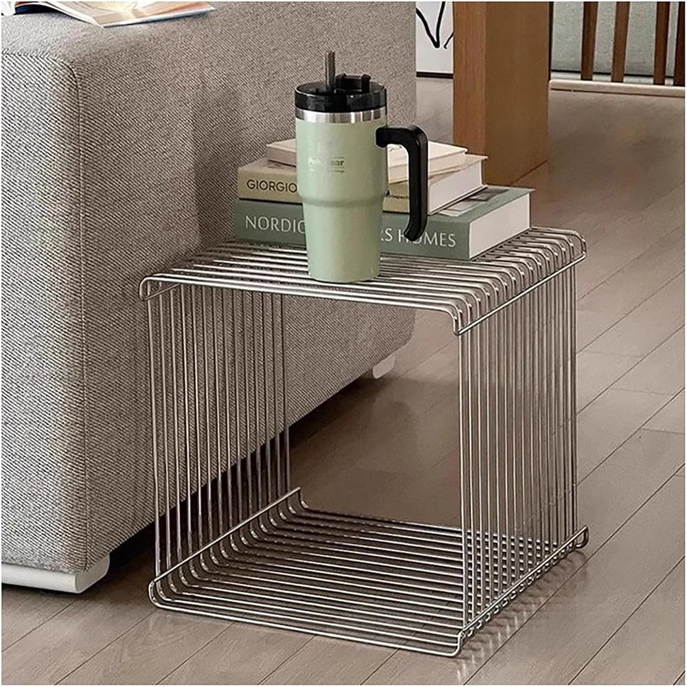 Stainless Steel Side Table, Metal Side Table with Wire Cube Storage, Retro Sq...