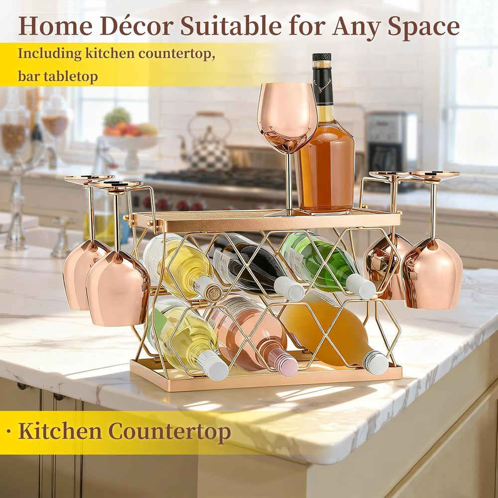 Countertop Wine Rack Organizer - Holds 6 Oversized Bottles & 4 Glasses | ...