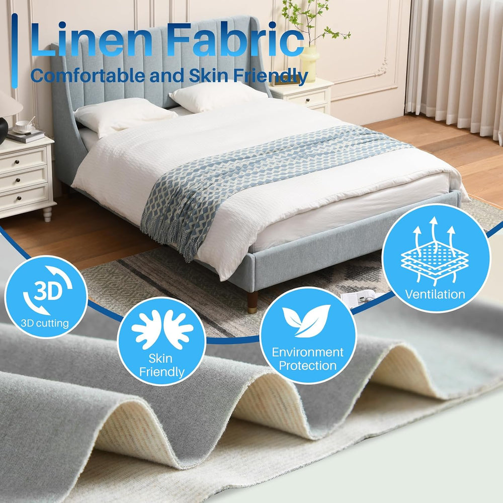 YUHUASHI Queen Upholstered Platform Bed Frame with Wingback Headboard，Blue