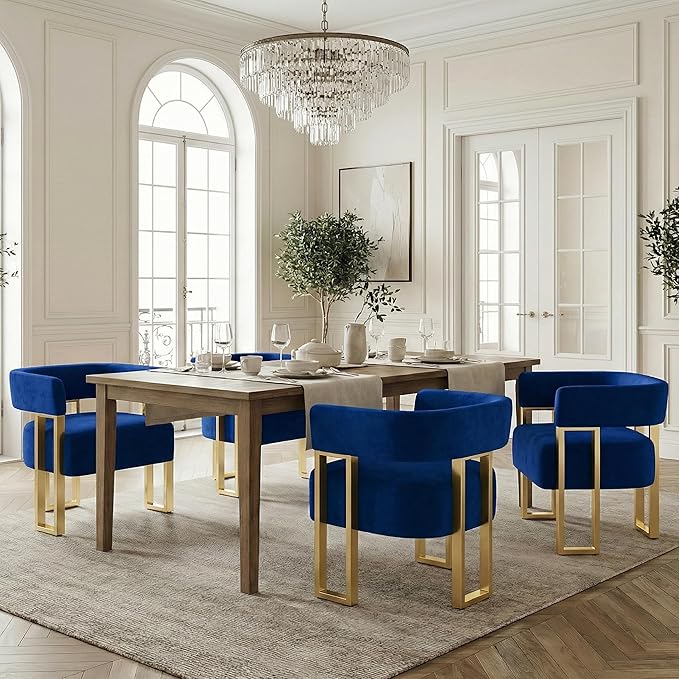 STHOUYN Modern Blue Velvet Dining Chairs Set of 4 with Gold Metal Legs, Mid Century Barrel Kitchen Chairs Set, Upholstered Accent Armchairs Dining Room Set, Living Room, Apartment (Blue, 4pcs)