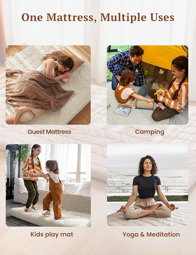 ZonLi Japanese Floor Mattress Futon Mattress Twin Size, 4" Thicken Roll Up Tatami Mat w/ 100% Cotton Washable Cover, Portable & Foldable Floor Bed Mattress for Sleeping, Dormitory, Adult Kids, Khaki