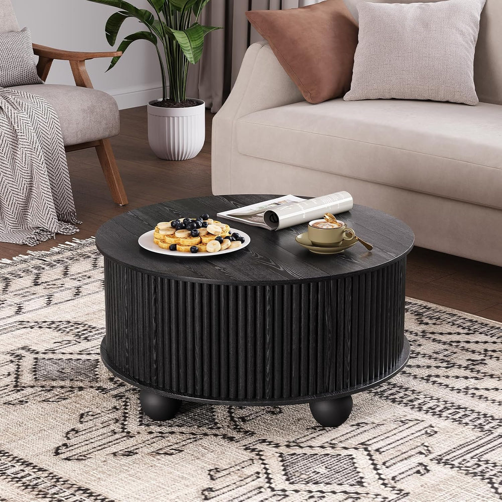 JOINICE 31.5" Round Coffee Table with Storage,Unique Bun Feet,Black