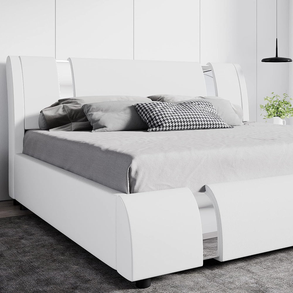 SHA CERLIN King Bed Frame with Iron Pieces Decor, Faux Leather, White
