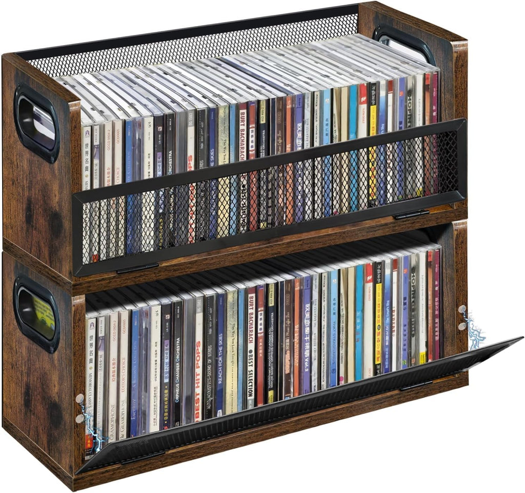 CD Storage Rack with Magnetic Door 2 Pack - Holds 76 Full Case CDs, Multi-Tier Desktop & Closet Display Stand for Video Games, Papers, Cards