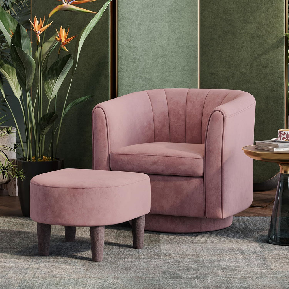 LINSY Swivel Accent Chair Ottoman Set: Velvet Small Barrel Chair with Foot Re...
