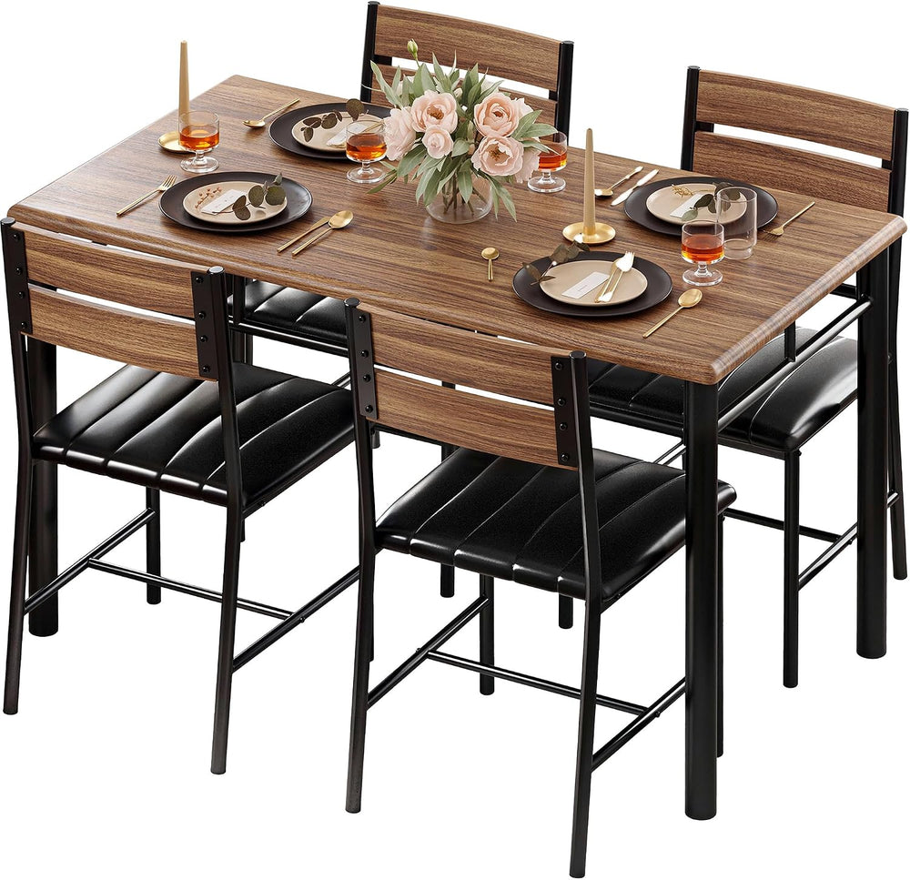 IRONCK Dining Table Set for 4, Walnut | Wood Kitchen Table with Upholstered C...