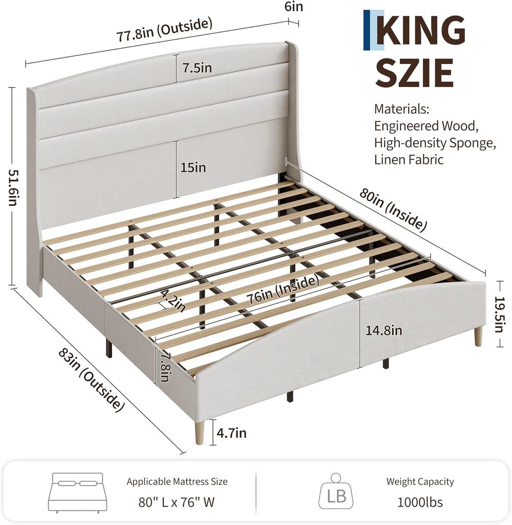 Garvee King Size Bed Frame,Upholstered Platform Bed with Wingback Headboard