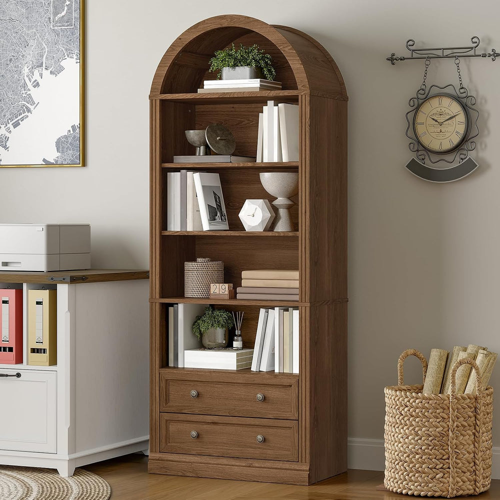 RALGEND Farmhouse Arched Bookshelf, 7 Tiers Arch Bookcase with 2 Spacious Dra...