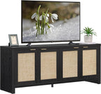SICOTAS TV Stand for Living Room Boho Entertainment Center for Bedroom with 4 Rattan Cabinets Farmhouse Television Stands with Storage Large Media Console Table for TVs up to 65 Inch