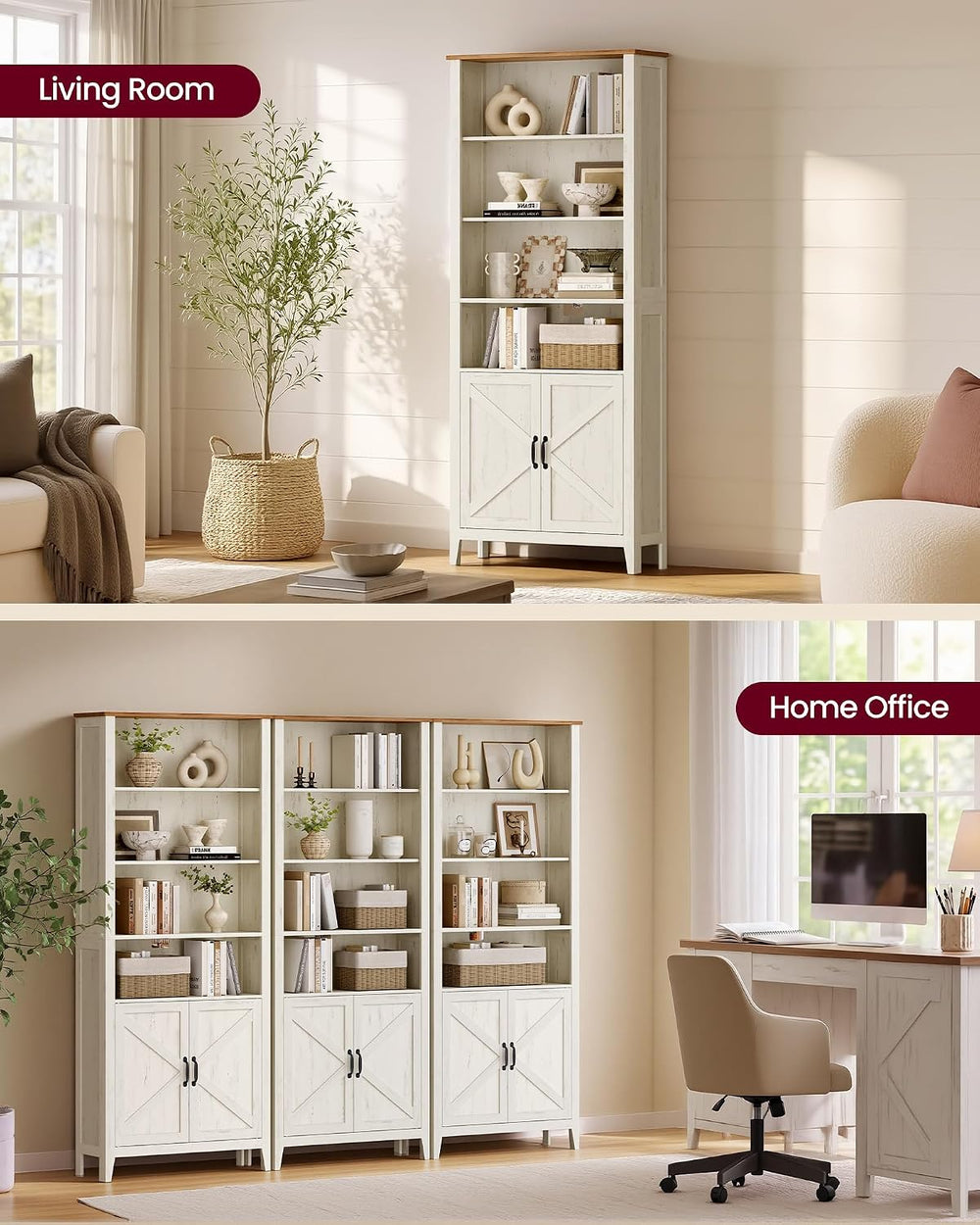 VASAGLE Farmhouse Bookshelf, 6-Tier Bookcase with Doors