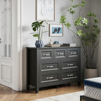 LINSY HOME 7 Drawers Dresser for Bedroom, 47" Wide Wooden Storage Chest with Antique Handles, Modern Farmhouse Dresser TV Stand with Wood Legs for Closet, Living Room, Hallway, Black