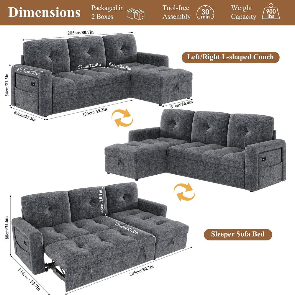 81'' LED L-Shaped Sectional Couch for Living Room, Sleeper Sofa Bed, ...